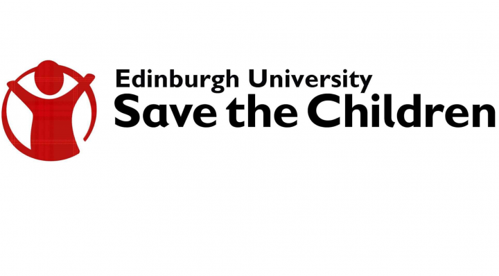 Edinburgh University Save the Children Society logo: black text on a white background. To the left of the text is a red silhouette of a child in a red circle. 