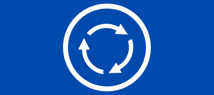 Blue background with circle and icon containing arrows in a circle
