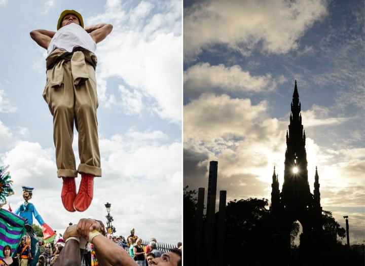 Edinburgh Global Photo Competition entries of an Edinburgh festival performer and a sunset at Scott Monument