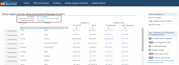 Screenshot of Student Support Overview screen highlighting the links at the top of student adviser list to groups of students. 