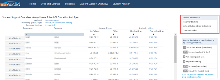 Screenshot of Student Support Overview screen highlighting assigning students to student adviser buttons. 