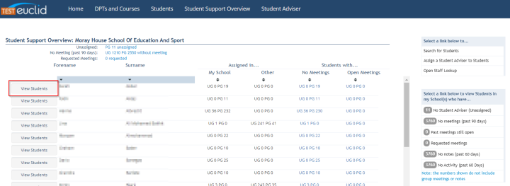 Screenshot of Student Support Overview screen highlighting View Students button. 