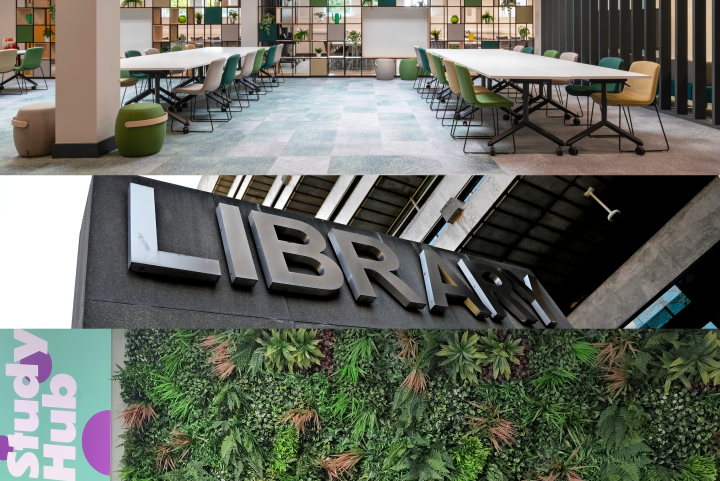Image collage representing a varierty of study spaces featuring spaces at KB House and representations of the Main Library and the Study Hubat 40 George Square