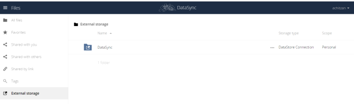 Successful DataStore connection folder in DataSync External Storage File Tree