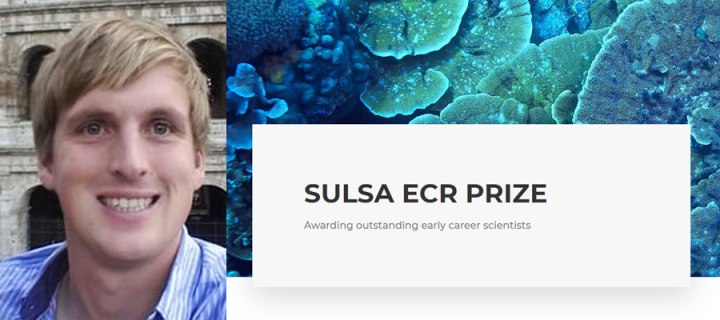 Picture of Ross Dobie next to SULSA ECR Prize text on blue coral background