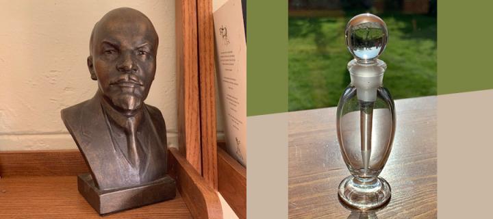 Bust of Lenin and a glass perfume bottle