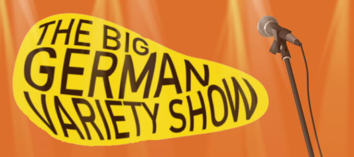 The Big German Variety Show in a speech bubble with a mic stand