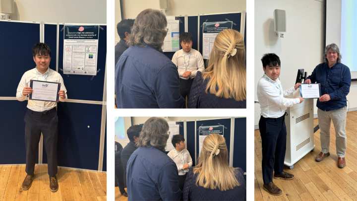 Various photos of Thomas Zhang standing in front of his poster, speaking to conference attendees, and receiving his award
