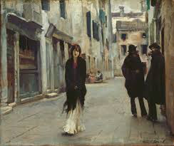 Photograph of a painting by John Singer Sargent. The image shows a woman walking down a city street, two people are stopped further behind her talking to each other. 