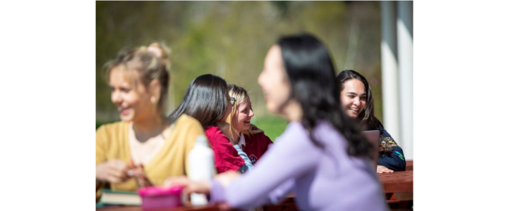 Happy students sitting around a bench in the sun