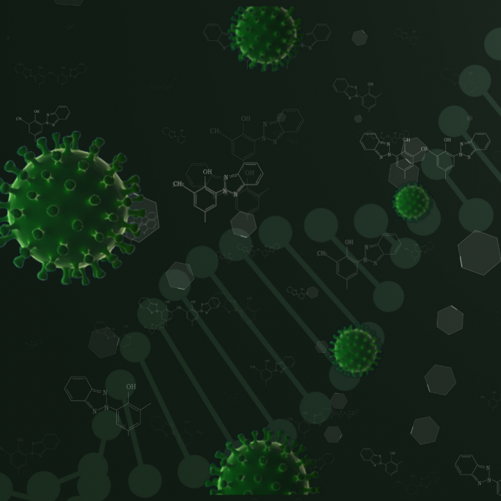 Green dna on black background surrounded by green Covid-19 viruses
