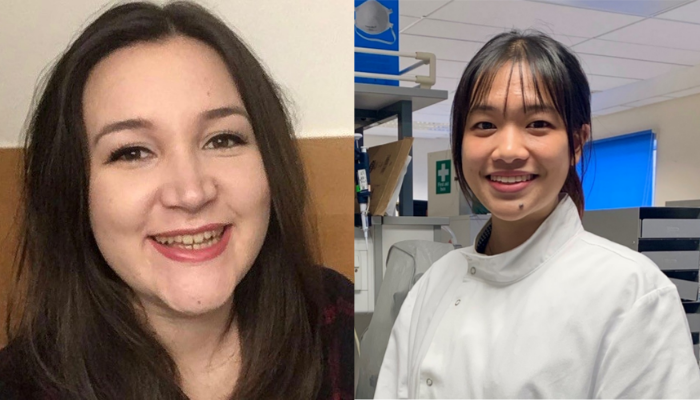 Two side by side images: PhD student Jenny Shelly smiling, next two PhD student Nelly Mak smiling in a lab coat