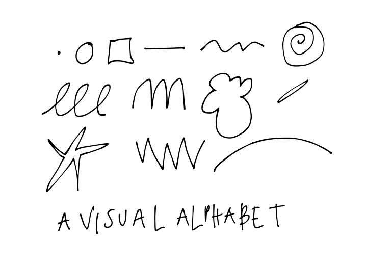 A line drawing of different shaped doodles with the text: A visual alphabet