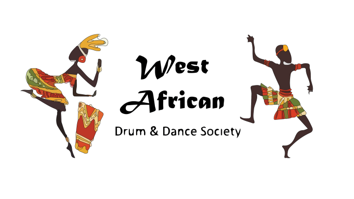 West African Drum & Dance Society logo: there is a man and a woman on a white background dancing. They are both wearing traditional dress which is yellow, red, orange and green. In the centre is black text which reads: West African Drum and Dance Society