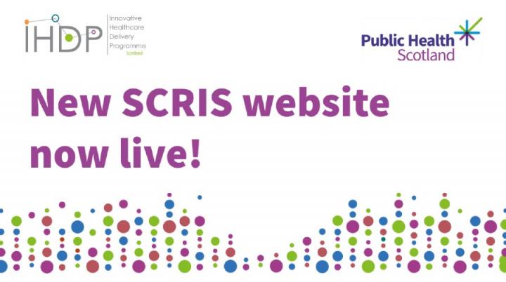 Graphic with multicoloured dots rising from the bottom with the text ‘New SCRIS website now live!’ with logos for the Innovative 