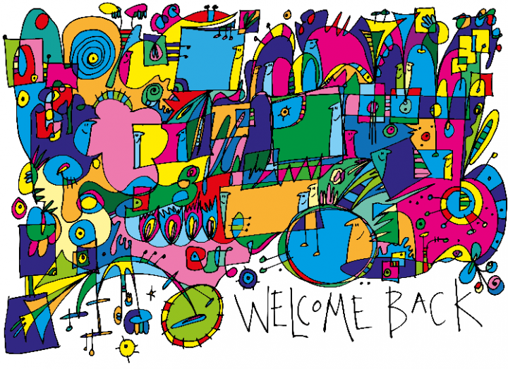 A multi-coloured doodle with lots of different shapes and colours in a large block, with the text: Welcome Back. 