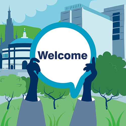 Hands holding 'Welcome' sign, University buildings in the background. Illustration.