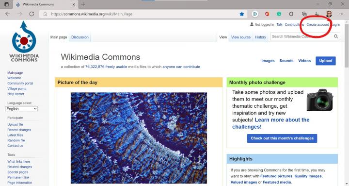 Main page of Wikimedia Commons, with "Create account" link circled in red.