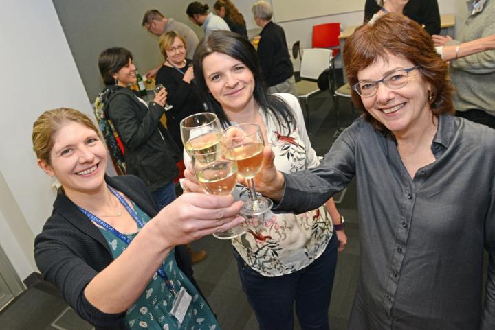L-R: Vicky MacRae, Cat Eastwood and Helen Sang celebrating the Athena SWAN Gold Award.