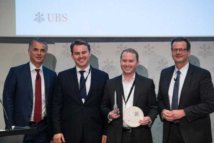 UBS CEO Sergio Ermotti , Aesthetic Integration co-founders Denis Ignatovich and Grant Passmore, and UBS CIO Oliver Bussmann