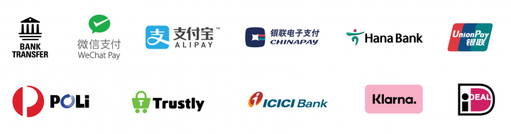 Image contains the brand logos of accepted types of online payment platform including: WeChat Pay, Alipay, ChinaPay, HanaBank, UnionPay, POLi, Trustly, ICICI Bank, Klarna and IDEAL. 