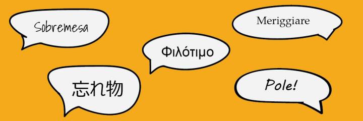 A selection of words in foreign languages in speech bubbles
