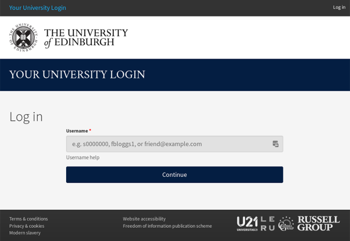 Your University Login starting screen showing the username prompt.