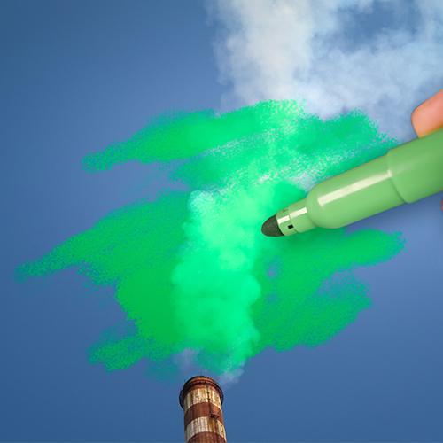 Person drawing green pollution from a chimney.
