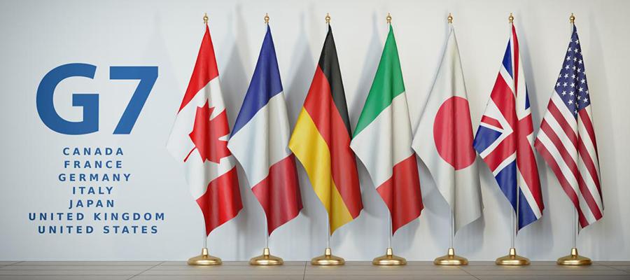G7 flags: Canada, Frace, Germany, Italy, Japan, UK, USA