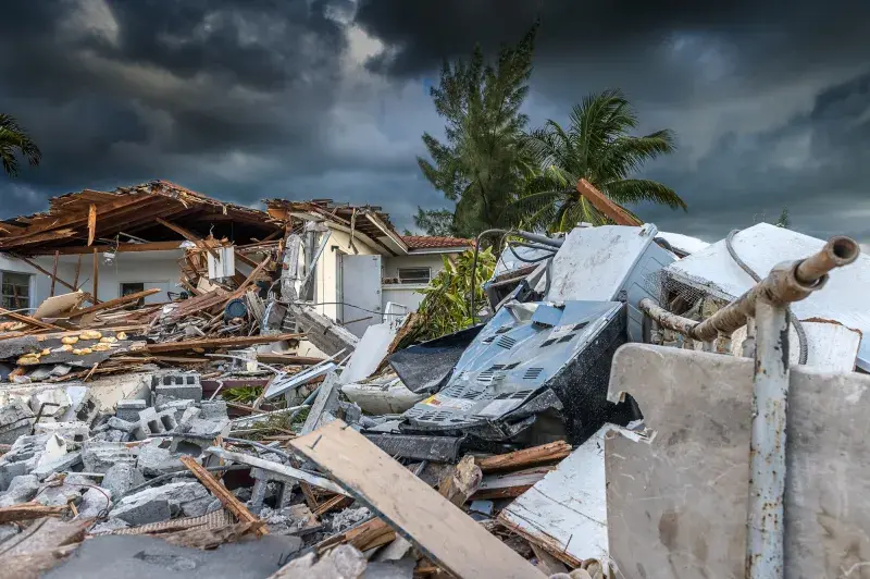 A suburban house destroyed by the passage of a hurricane
