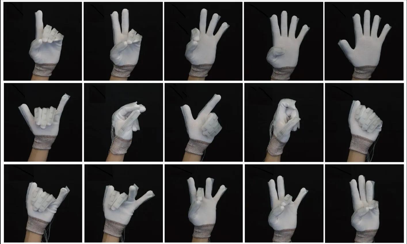 A composite image of a gloved hand making a range of different gestures