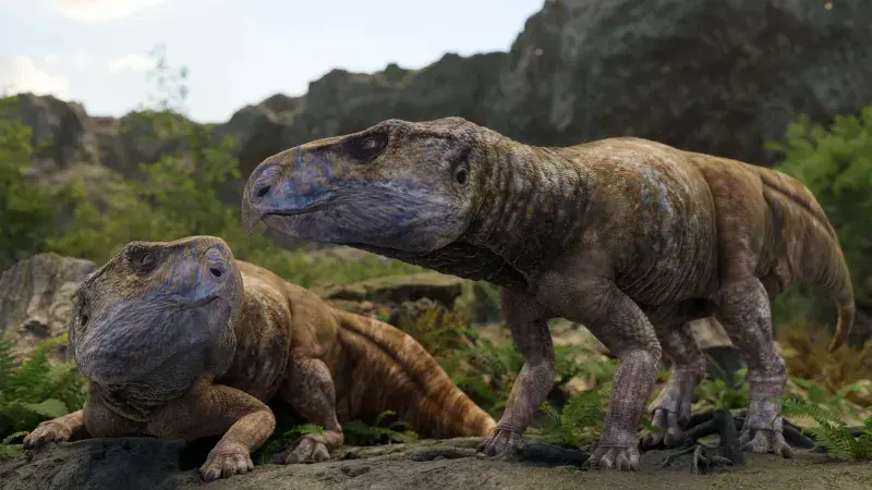 Artist's impression of two Ajkaceratops kozmai dinosaurs