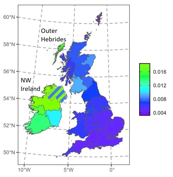 Map of the landscape of hereditary haemochromatosis risk across the UK and Ireland. Higher risk areas, such as Ireland and the Outer Hebrides, are indicated in green.