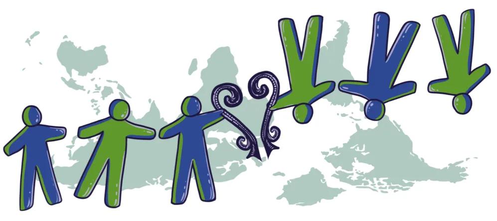 world map with figures holding hands across it