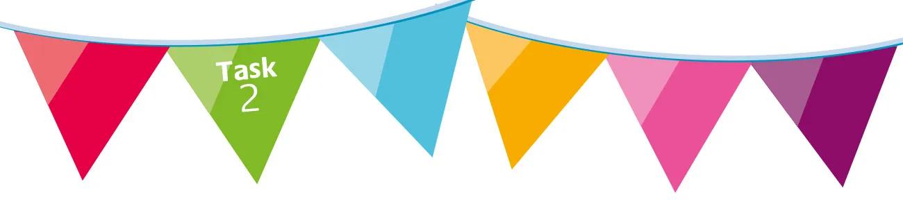 Image of colourful bunting with Task 2 written on the green flag.