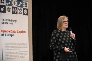 Former NASA astronaut Kathryn Sullivan addresses an audience of students and staff during her visit to the University