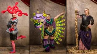 a montage of three images take on a grey backdrop. (L-R) L: an 18th century jester with large red arms coming from a head dress. Centre: magical winged cat-like character in yellow, purple and green. R: Rapunzel holding a cascading plait of hair   