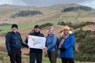 Photo of (L-R) Dave Gorman, Grant Ferguson, Yvonne Edwards and Annie Yang at Rullion Green in the Pentlands