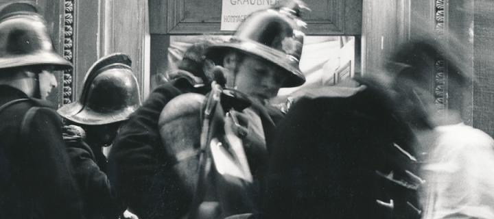 Firemen from Edinburgh Fire Station outside Gotthard Graubner’s ‘Mist Room’ (Homage to Turner) in studio C.16 (24 August 1970).