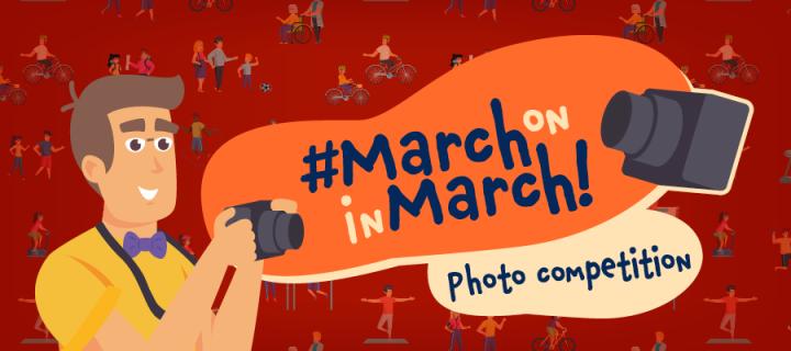 Cartoon character with camera and March on in March logo
