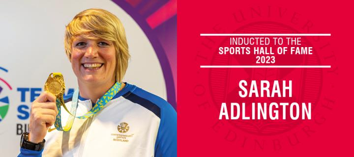Headshot of Sarah Adlington with text inducted into the Sports Hall of Fame 2023