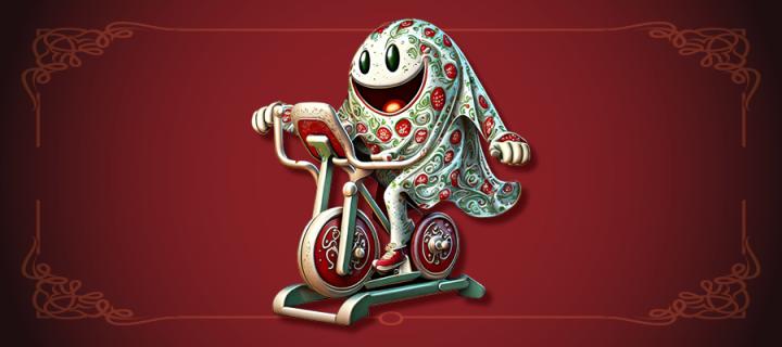 Festive ghost illustration on an exercise bike on red background