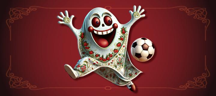 Festive ghost playing football on red background
