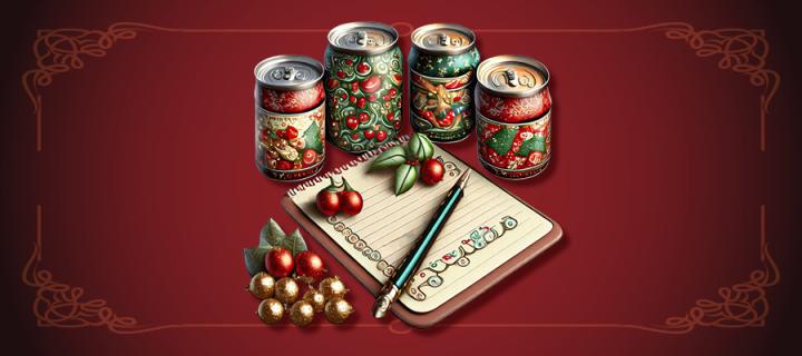 Festive food cans illustration on red background