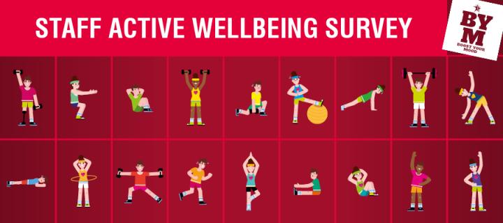 Illustrated images of people being active on a red background