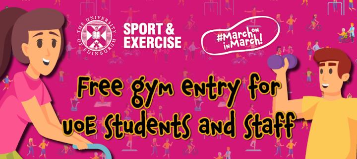 Free gym entry for uoe students and staff on a pink background