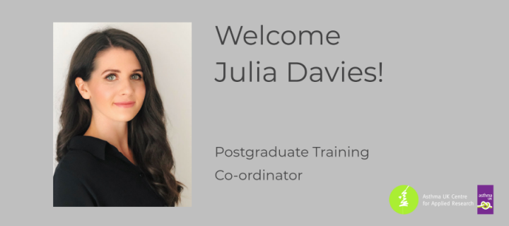 Headshot of Julia Davies with the text "Welcome Julia Davies! Postgraduate Training Co-ordinator"