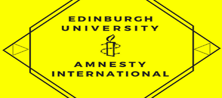 Edinburgh University Amnesty International Society logo. Yellow background with an image of a candle wrapped in barbed wire