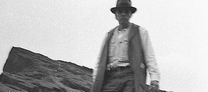 Joseph Beuys on Salisbury Crags, Holyrood Park, Edinburgh, on 7 May 1970. Photo