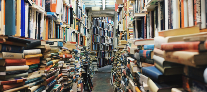 Image shows library of books.